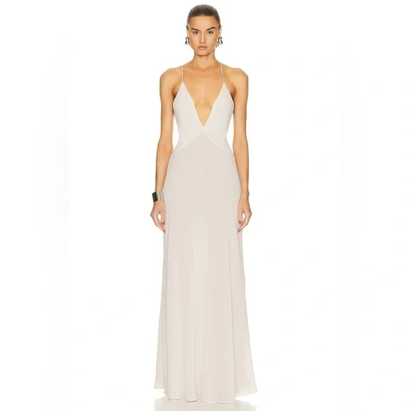 Revolve Helsa Sheer Deep V Long Slip Dress Cream Maxi with Rosette Flower Small - Picture 4 of 14